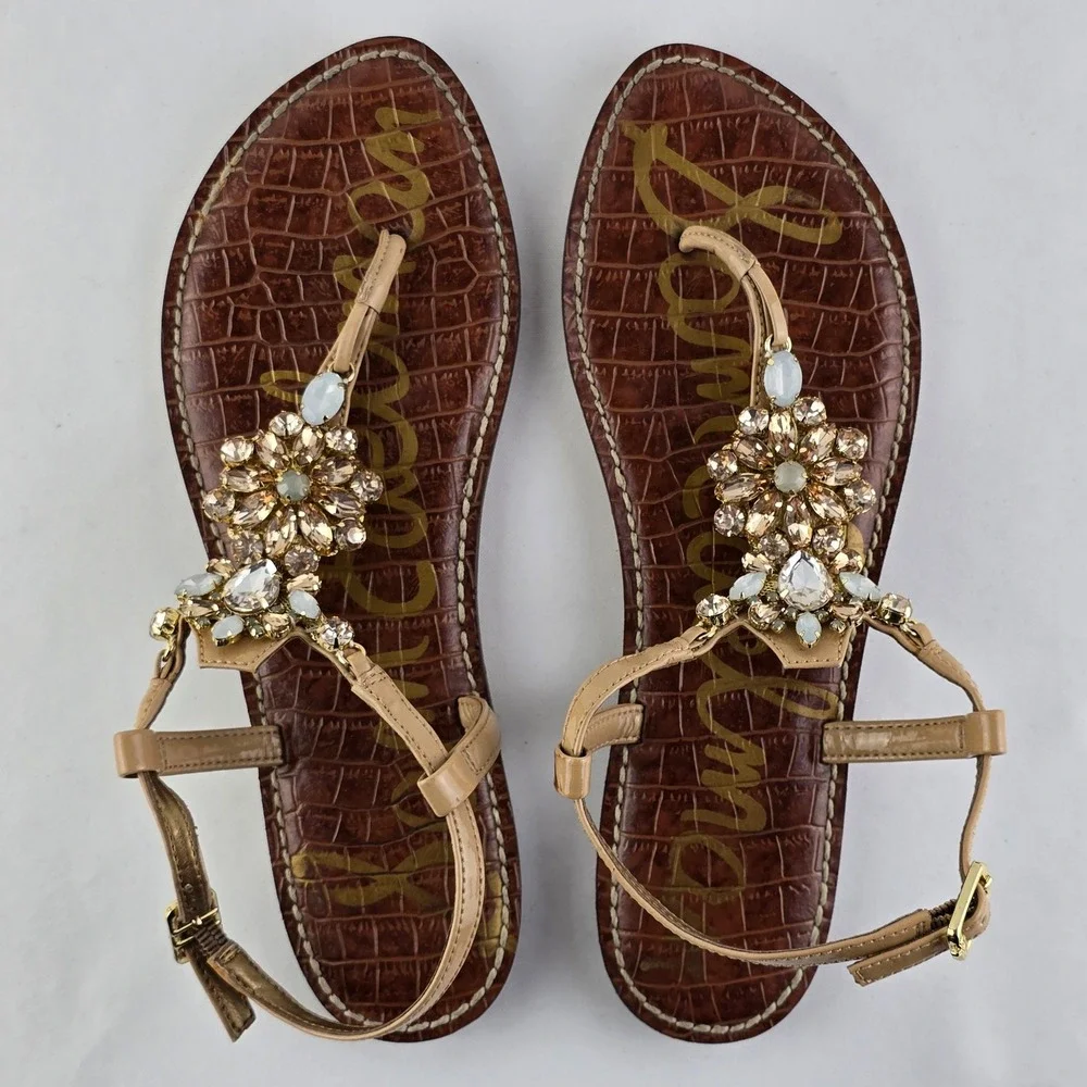 Sam Edelman Grayson Cognac Croc Crystal Embellished Thong Sandals 8M - Picture 8 of 16